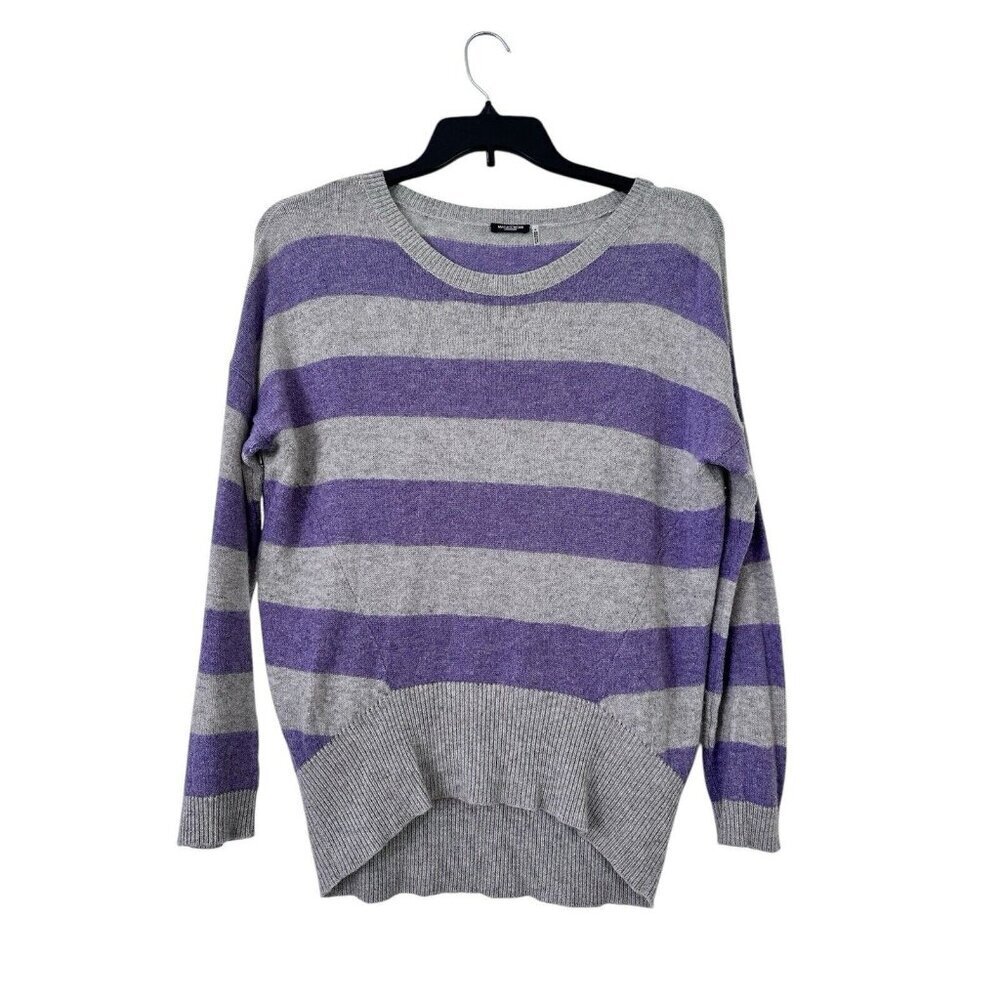 Magaschoni 100% Cashmere Women's High Low Stripe Gray Purple‎ Pullover Sweater M